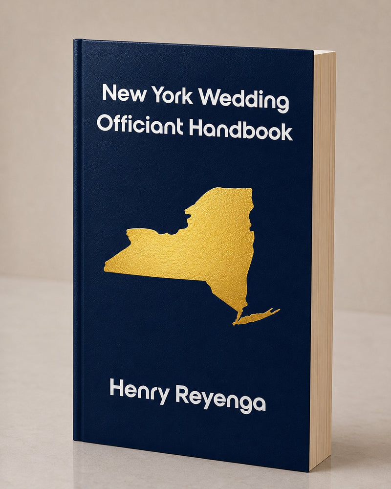 Book titled 'New York Wedding Officiant Handbook' by Henry Reyenga with a gold state outline on a blue cover.