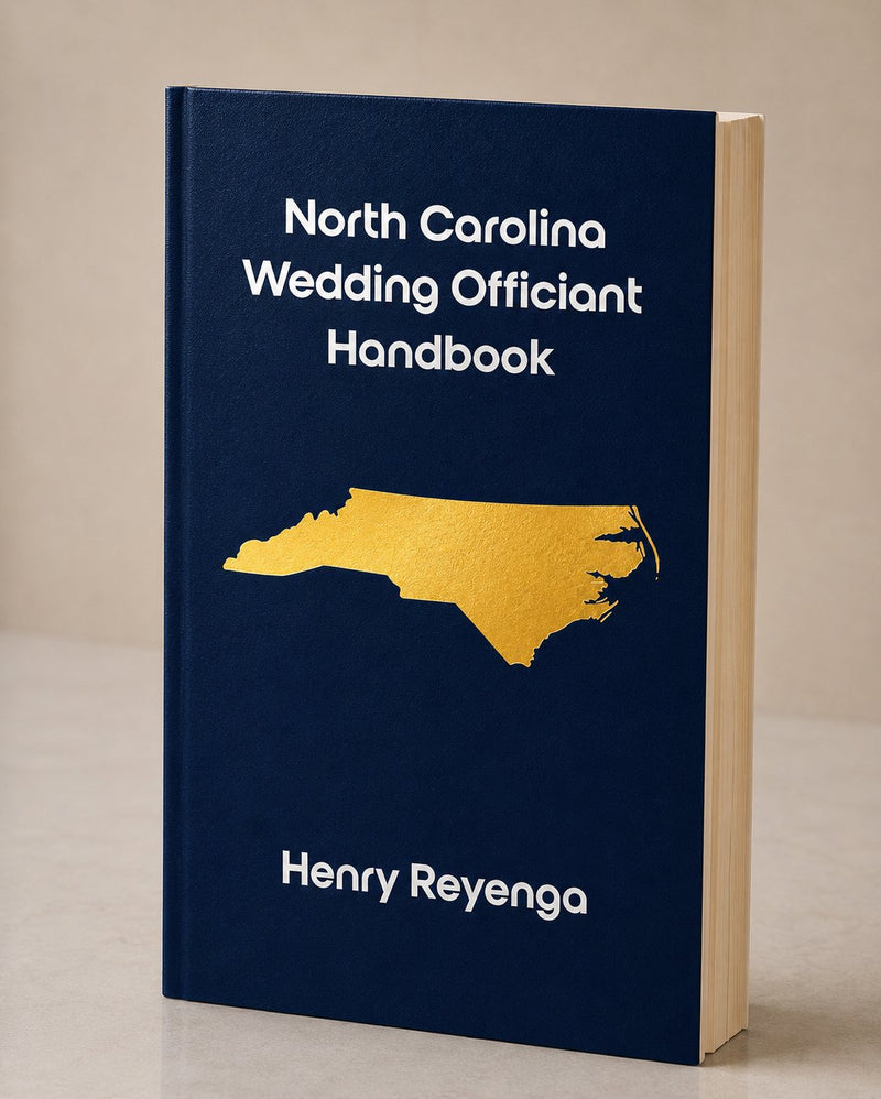 Book titled 'North Carolina Wedding Officiant Handbook' by Henry Reyenga with a gold outline of North Carolina on a blue cover.