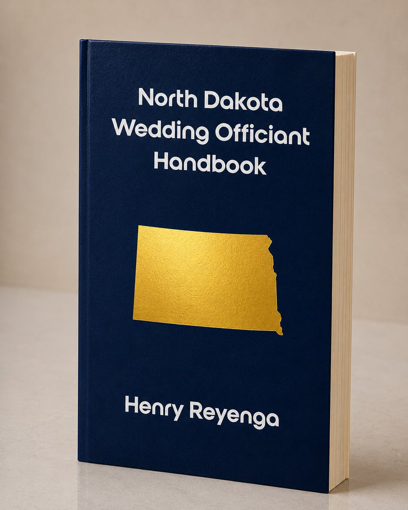 Book titled 'North Dakota Wedding Officiant Handbook' by Henry Reyenga on a beige background