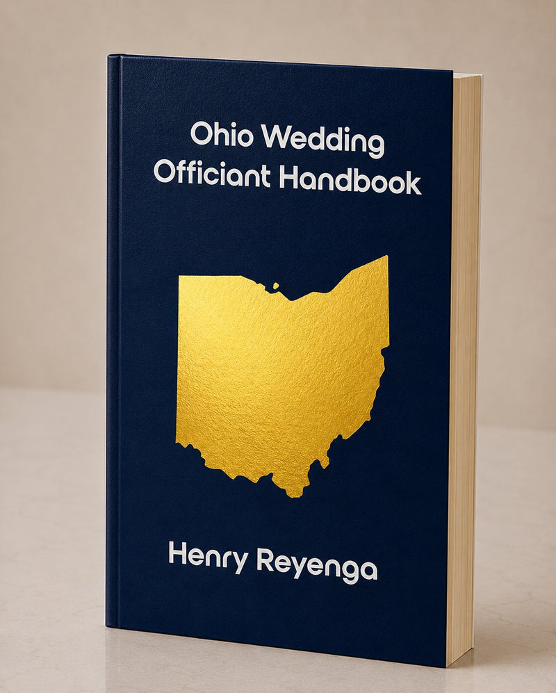 Book titled 'Ohio Wedding Officiant Handbook' by Henry Reyenga with a gold Ohio outline on a blue background.