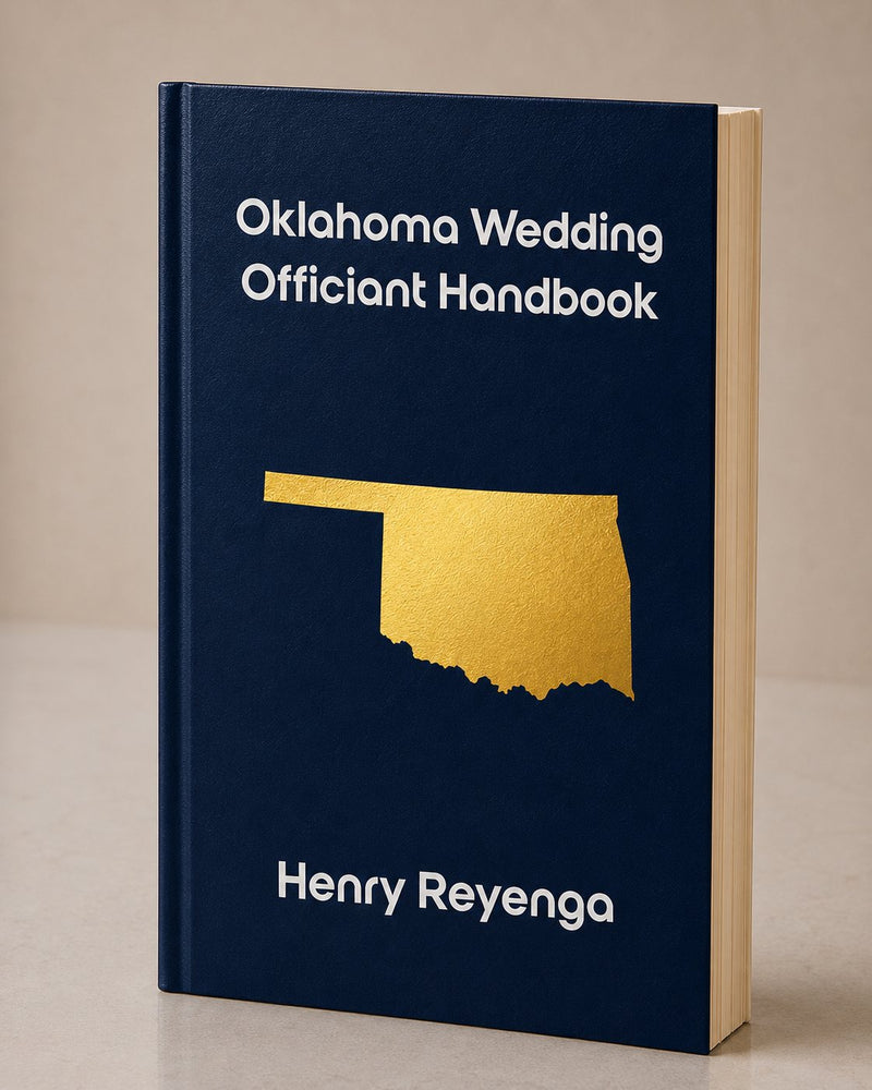 Book titled 'Oklahoma Wedding Officiant Handbook' by Henry Reyenga with a gold state outline on a blue background.