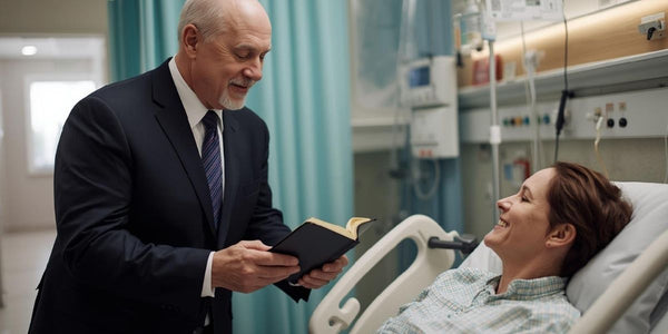 Ordained chaplain reading from a book while visiting a patient in a hospital room