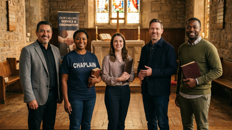 A diverse group of Christian leaders standing together inside a warm, stone church sanctuary with stained-glass windows and candles in the background. The group includes chaplains, ministry leaders, and Christian professionals dressed in semi-casual attire. One woman wears a navy “CHAPLAIN” shirt and holds a Bible, while another man holds a leather-bound Bible with a cross. A banner behind them reads “Our Calling: Service & Ordination.” The atmosphere is welcoming, mission-focused, and community-centered.