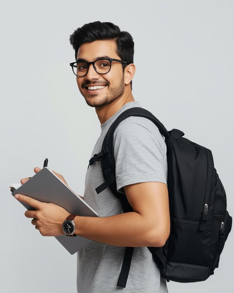Man with a black backpack holding a notebook against a light gray background