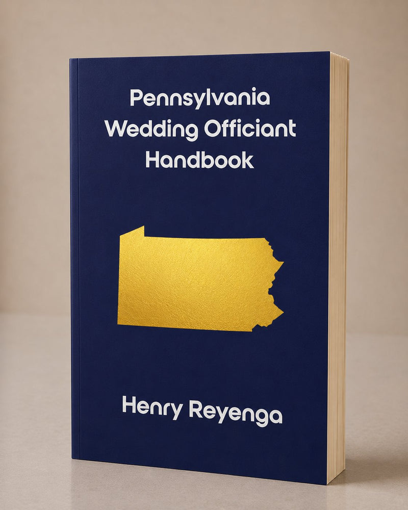 Book titled 'Pennsylvania Wedding Officiant Handbook' by Henry Reyenga with a gold state outline on a blue background.