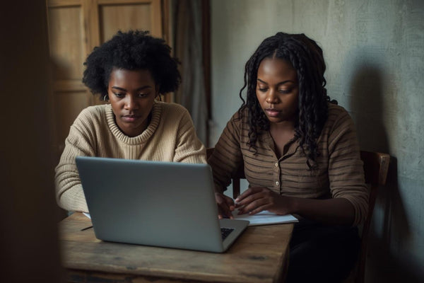 Two women sitting at a table using a laptop together.