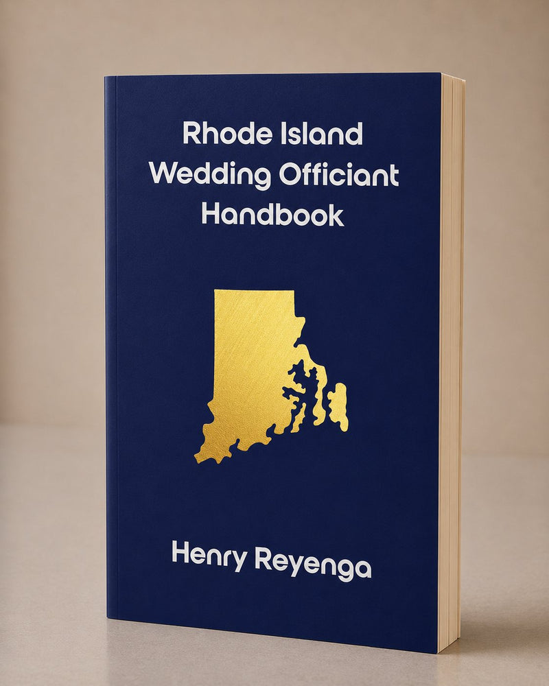 Book titled 'Rhode Island Wedding Officiant Handbook' by Henry Reyenga on a beige background