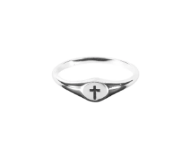 Silver-plated ring with engraved cross design on the band