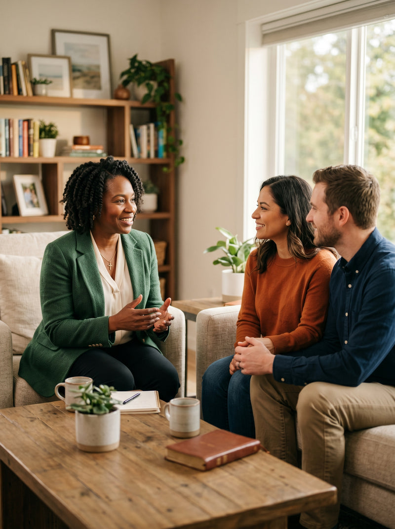 Three people sitting on a couch in a living room, engaged in conversation.