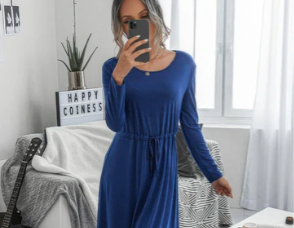 Solid round neck long sleeve drawstring dress for women
