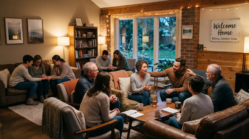 Group of people sitting in a cozy living room, engaged in conversation.