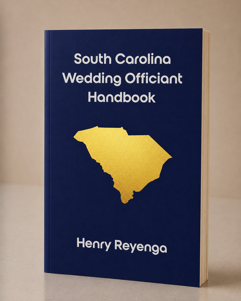 Book titled 'South Carolina Wedding Officiant Handbook' by Henry Reyenga on a beige background