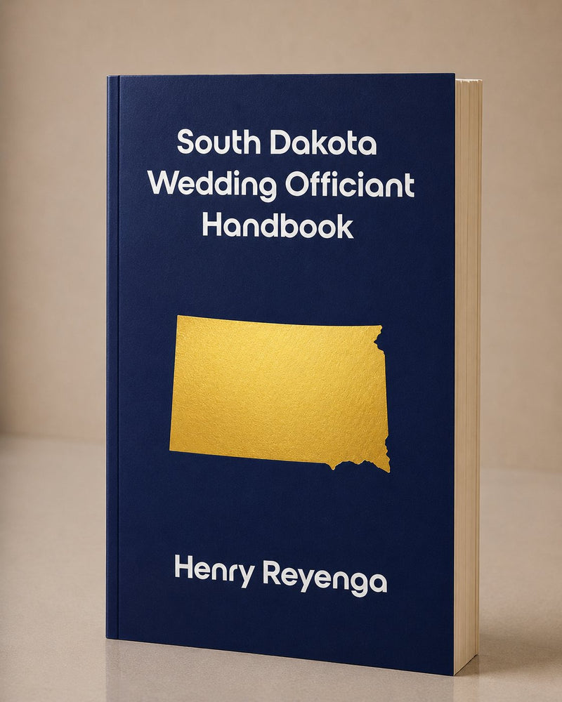 Book titled 'South Dakota Wedding Officiant Handbook' by Henry Reyenga on a beige background