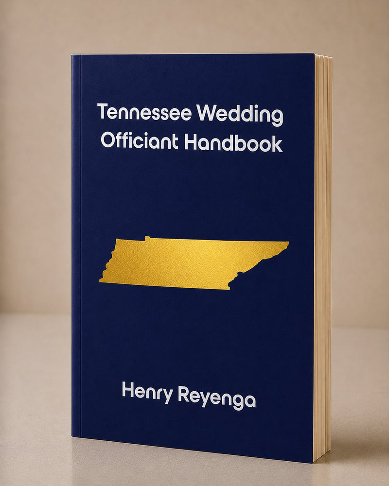 Book titled 'Tennessee Wedding Officiant Handbook' by Henry Reyenga with a gold state outline on a blue background.