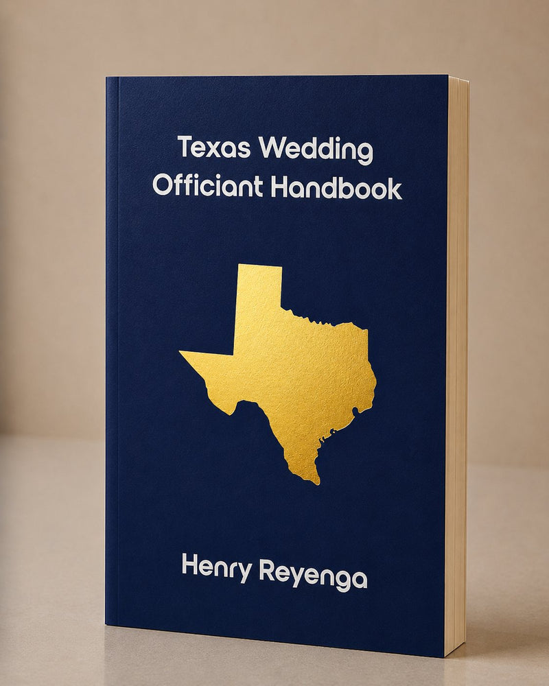 Book titled 'Texas Wedding Officiant Handbook' by Henry Reyenga with a gold Texas map on a blue background.