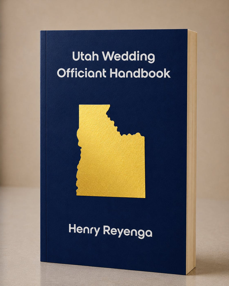 Book titled 'Utah Wedding Officiant Handbook' by Henry Reyenga with a gold state outline on a blue cover.