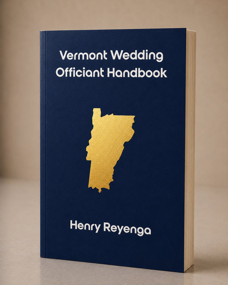 Book titled 'Vermont Wedding Officiant Handbook' by Henry Reyenga on a beige background