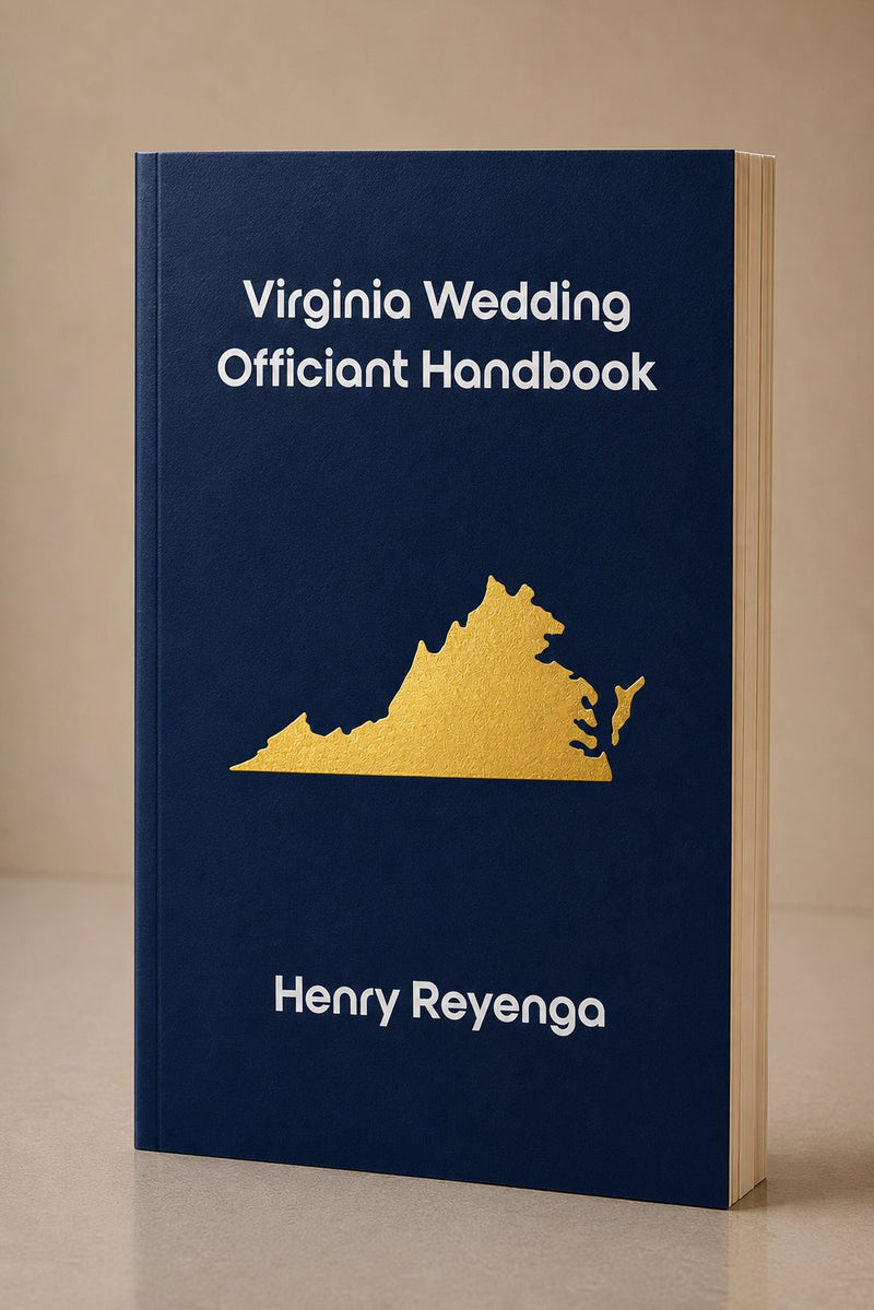 Book titled 'Virginia Wedding Officiant Handbook' by Henry Reyenga with a gold map of Virginia on a navy background.