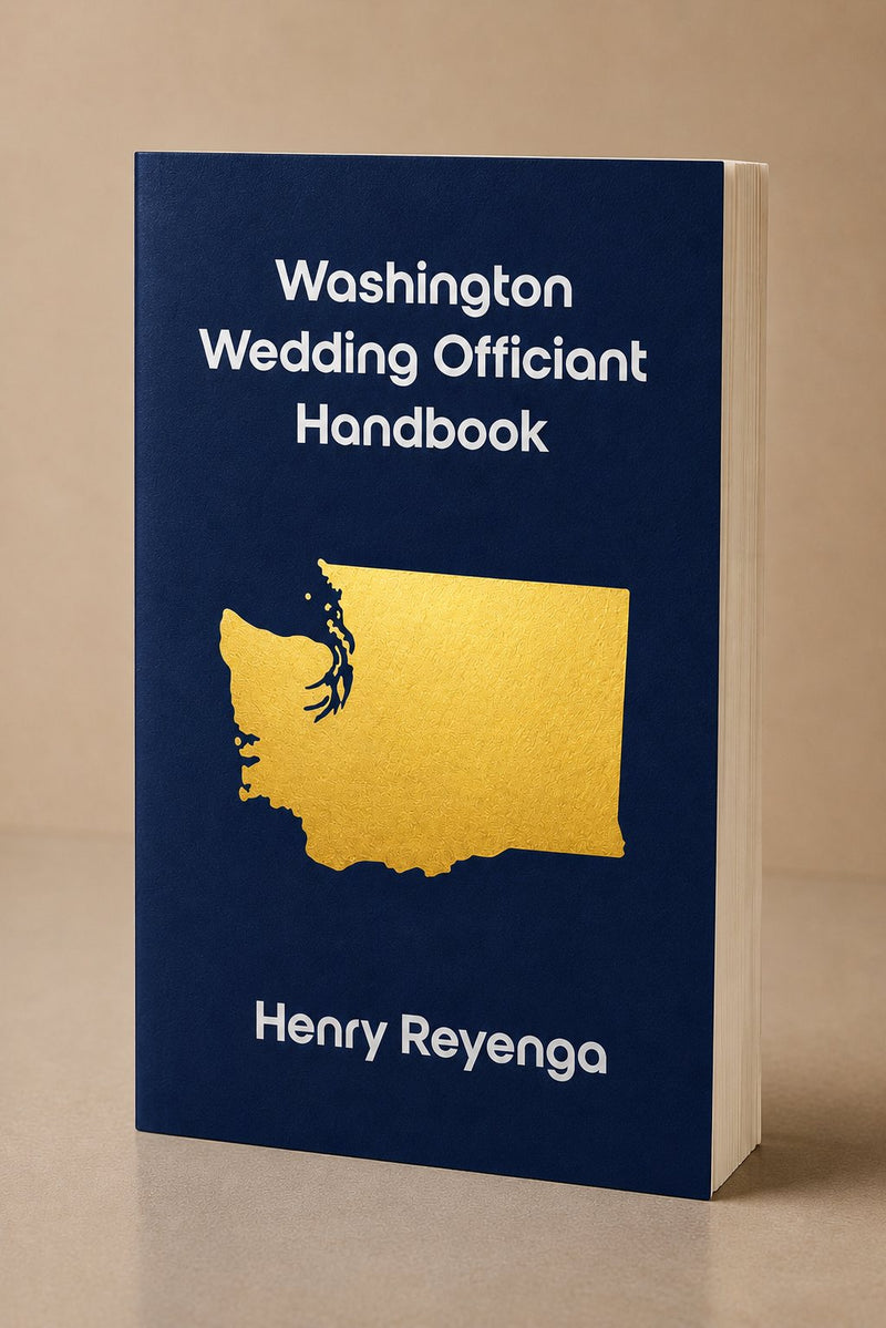 Book titled 'Washington Wedding Officiant Handbook' by Henry Reyenga on a beige background