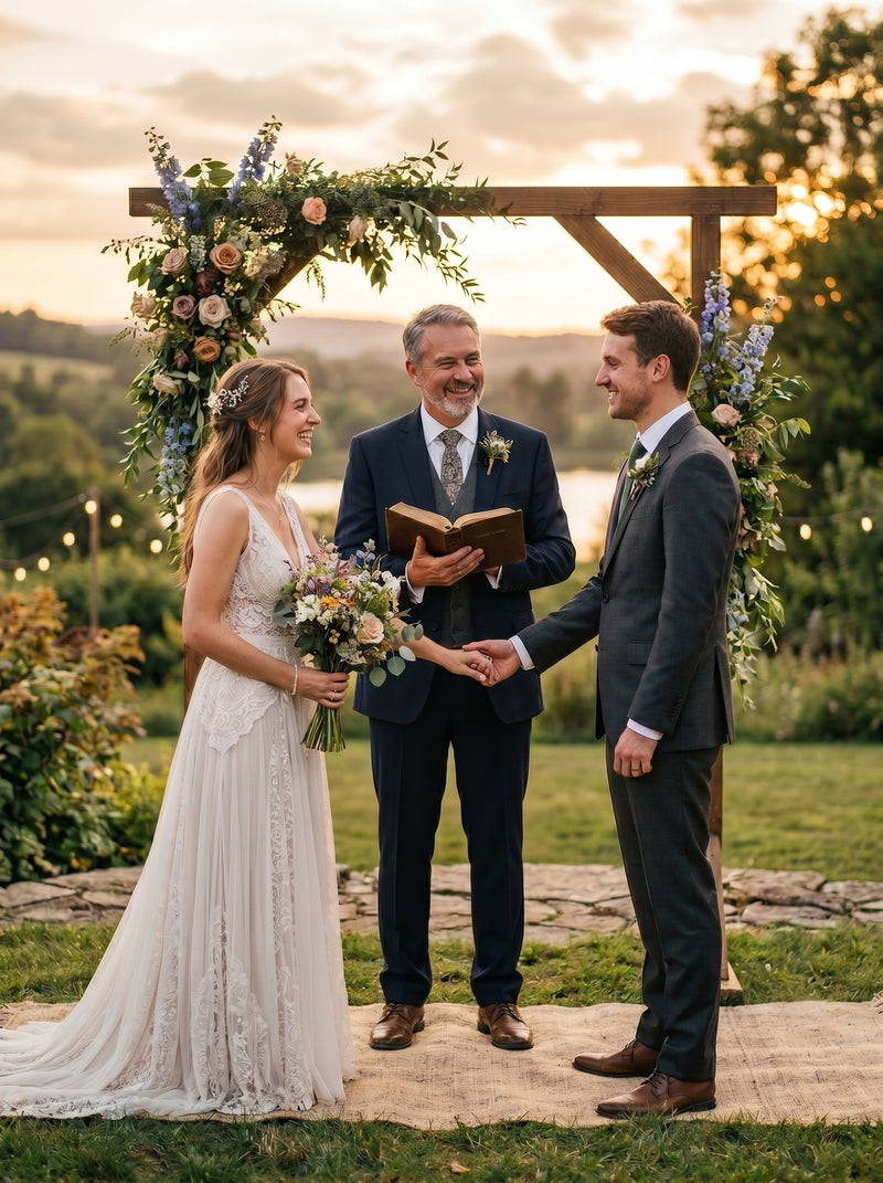 Wedding ceremony with a bride, groom, and officiant under a floral arch by a lake.