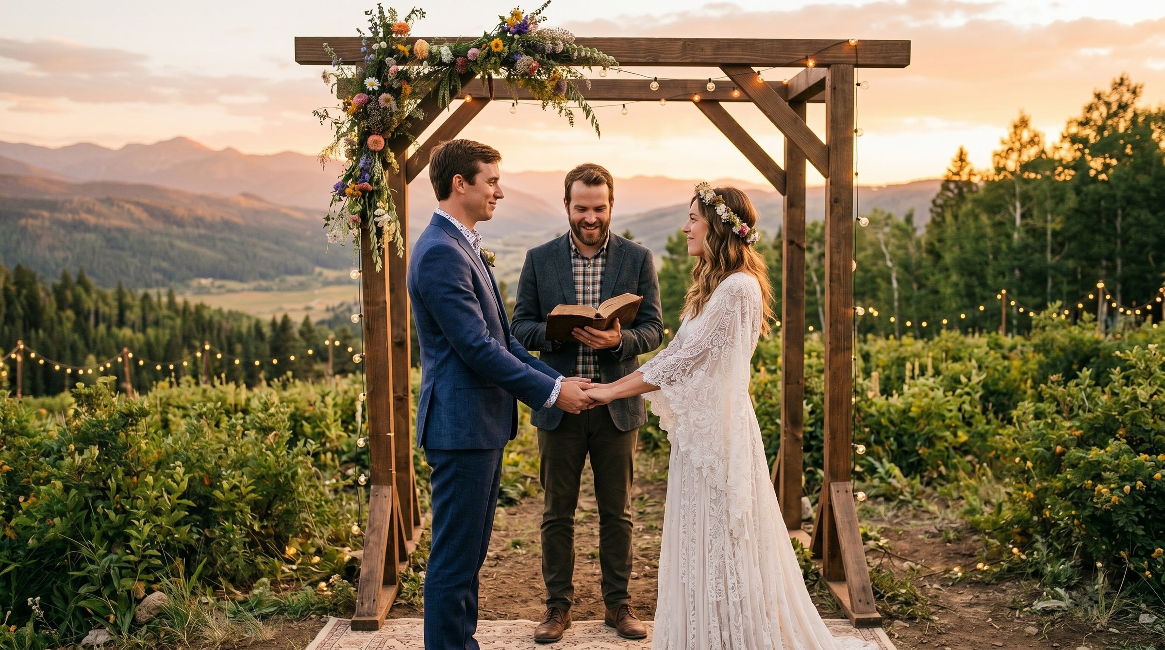 Wedding ceremony under a wooden arch with a scenic background