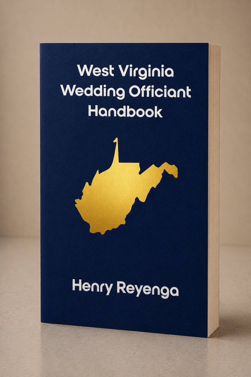 Book titled 'West Virginia Wedding Officiant Handbook' by Henry Reyenga with a gold state outline on a blue background.