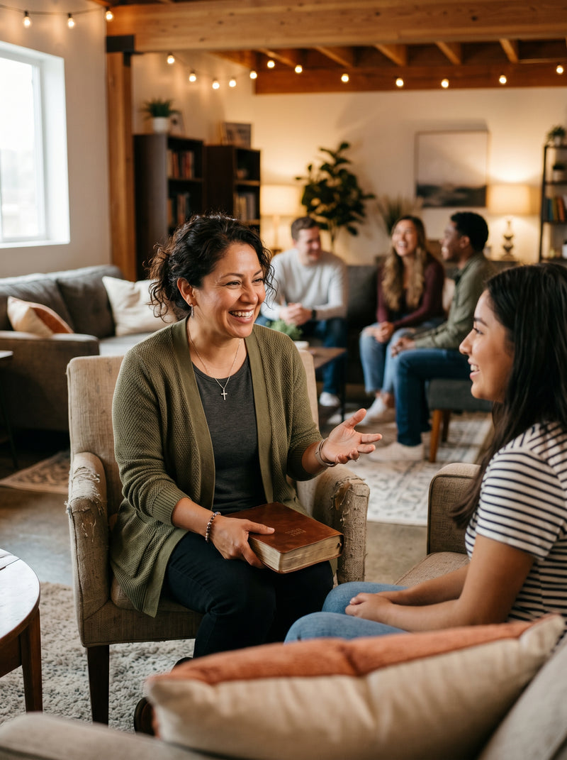 Group of people sitting in a cozy living room, engaged in conversation.