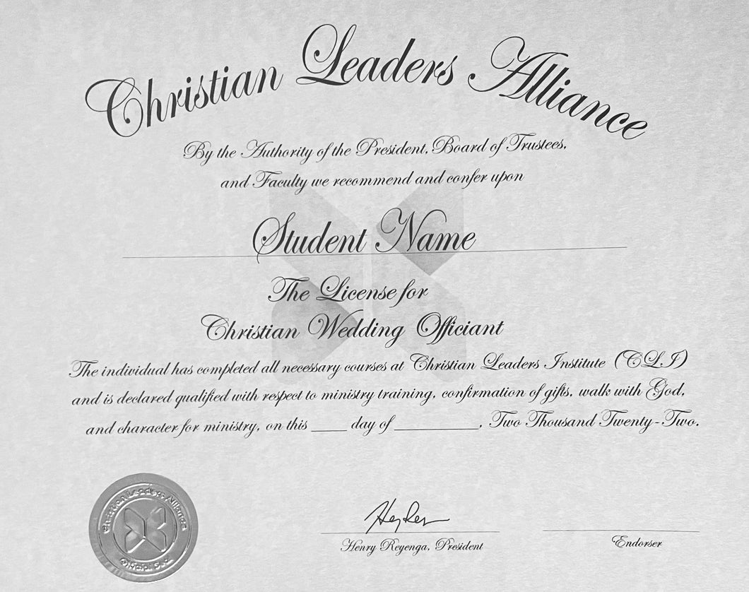 Licensed Christian Wedding Officiant Certificate $80